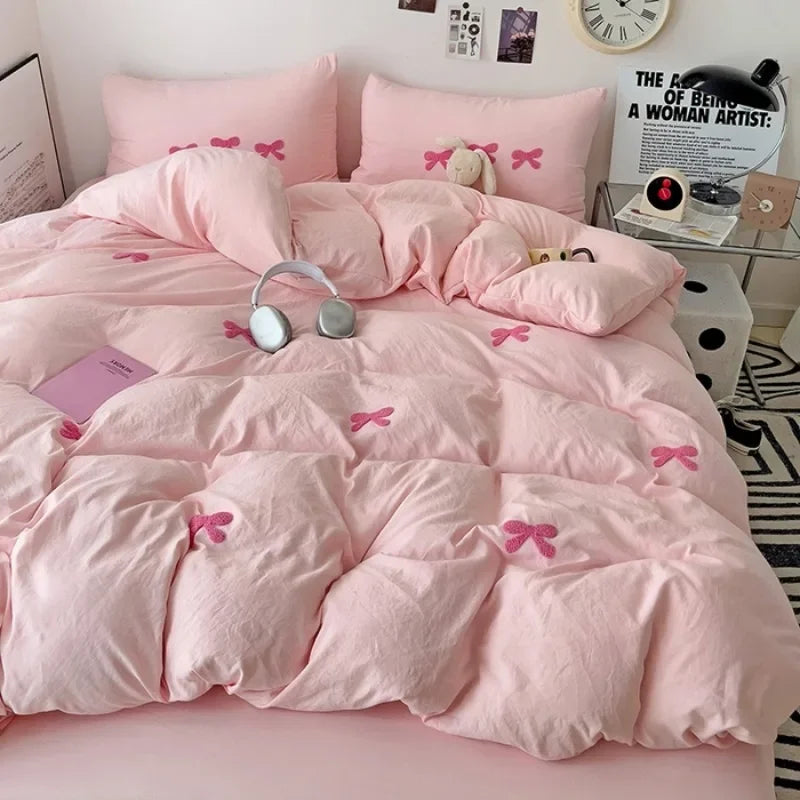 2025 Pink Bedding Set with Bow Korean Breathable Duvet Cover No Filler Flat Sheet Pillowcases Mix Color Comforter Cover Set