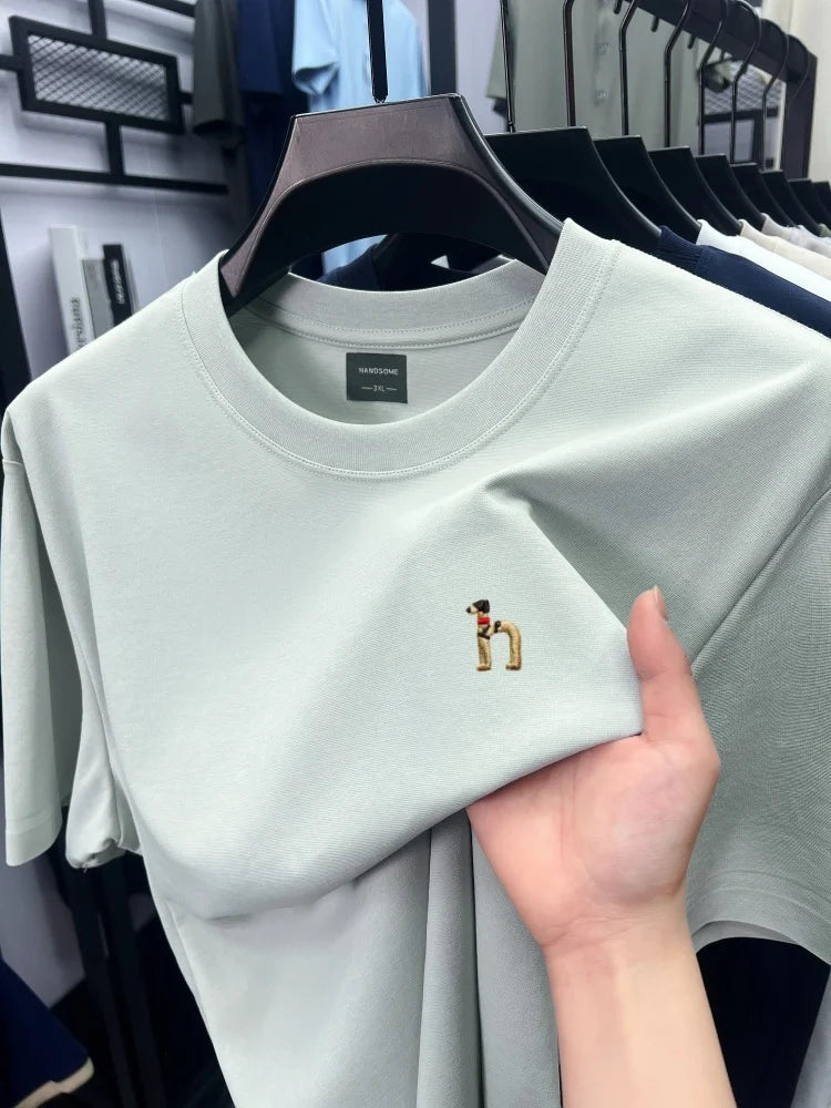 Luxury men's short sleeve T-shirt brand exquisite puppy embroidery summer ice silk cotton solid color breathable round neck top
