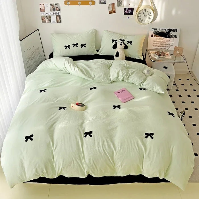2025 Pink Bedding Set with Bow Korean Breathable Duvet Cover No Filler Flat Sheet Pillowcases Mix Color Comforter Cover Set