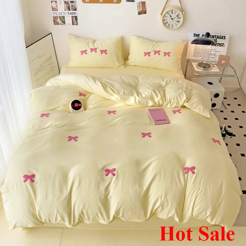 2025 Pink Bedding Set with Bow Korean Breathable Duvet Cover No Filler Flat Sheet Pillowcases Mix Color Comforter Cover Set