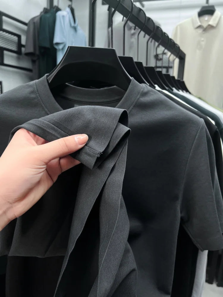 Luxury men's short sleeve T-shirt brand exquisite puppy embroidery summer ice silk cotton solid color breathable round neck top