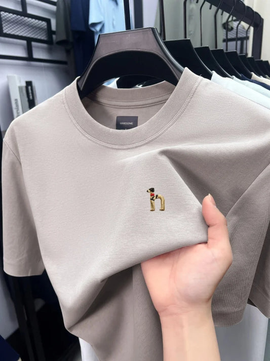 Luxury men's short sleeve T-shirt brand exquisite puppy embroidery summer ice silk cotton solid color breathable round neck top