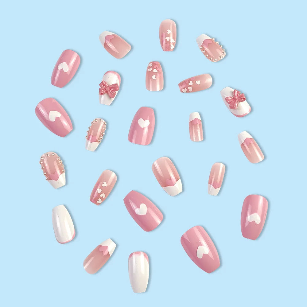 24Pcs Glossy Short Ballerina Press On Nails Pink Glitter Style False Nails With Rhinestone Shiny Artificial Reusable Fake Nails