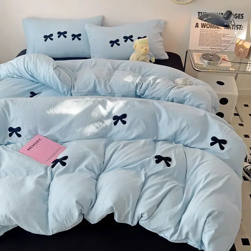 2025 Pink Bedding Set with Bow Korean Breathable Duvet Cover No Filler Flat Sheet Pillowcases Mix Color Comforter Cover Set