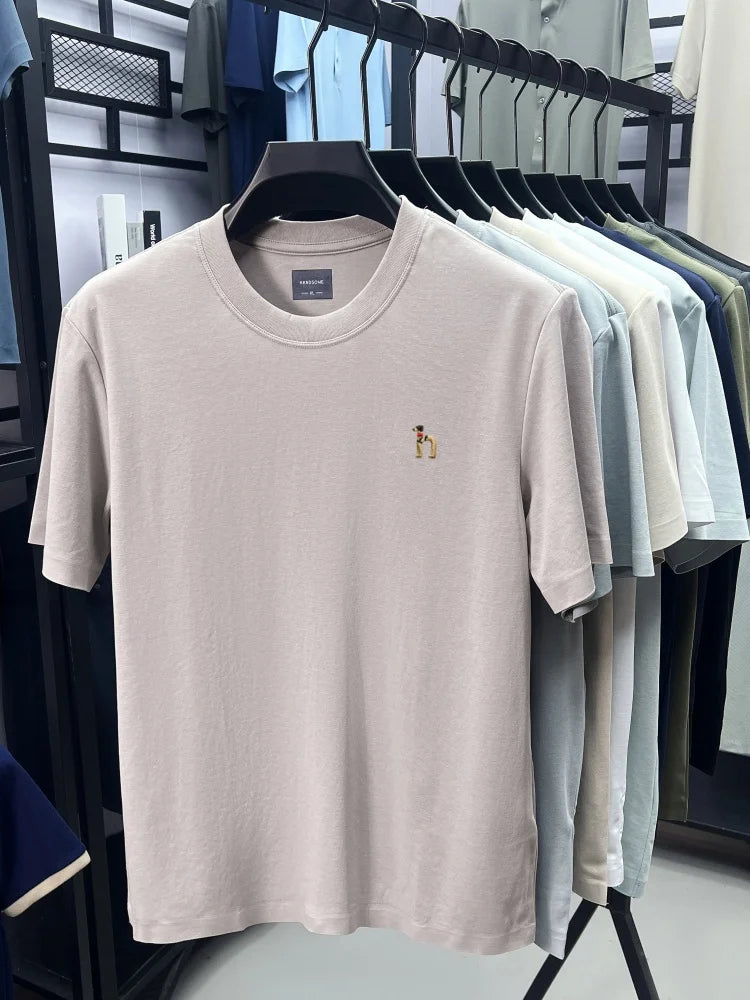 Luxury men's short sleeve T-shirt brand exquisite puppy embroidery summer ice silk cotton solid color breathable round neck top