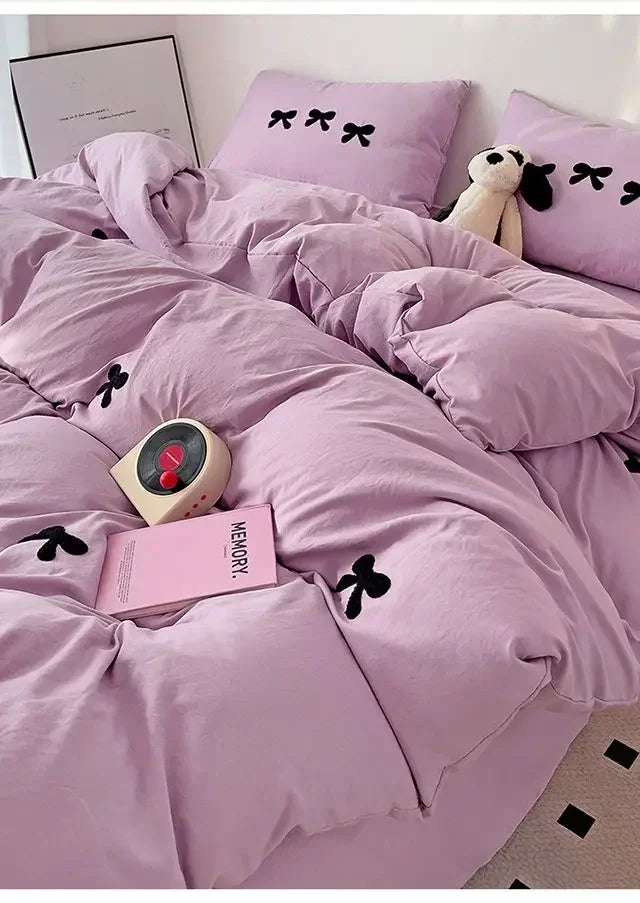 2025 Pink Bedding Set with Bow Korean Breathable Duvet Cover No Filler Flat Sheet Pillowcases Mix Color Comforter Cover Set