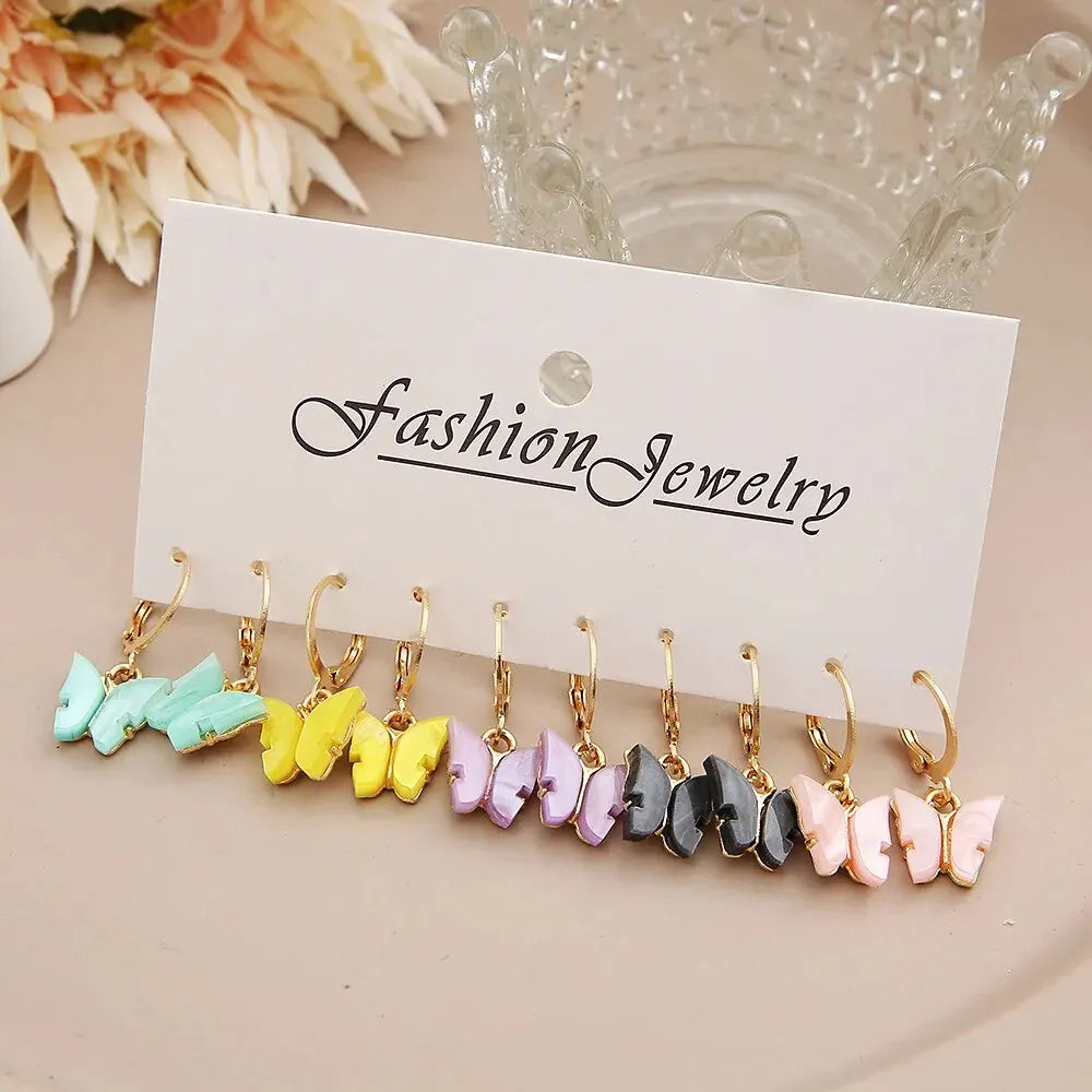 5 Pairs Butterfly Dangle Earring Set For Women Bohemia Colorful Acrylic Geometric Animal Drop Earring Girls Trend Jewelry
