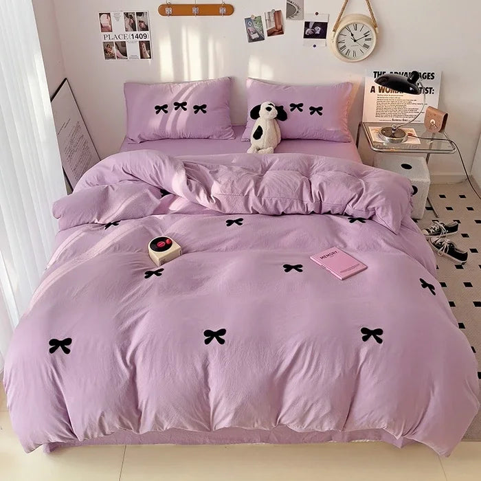 2025 Pink Bedding Set with Bow Korean Breathable Duvet Cover No Filler Flat Sheet Pillowcases Mix Color Comforter Cover Set
