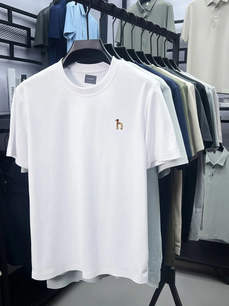 Luxury men's short sleeve T-shirt brand exquisite puppy embroidery summer ice silk cotton solid color breathable round neck top