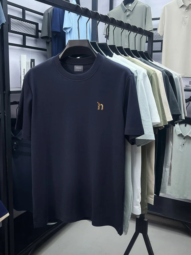 Luxury men's short sleeve T-shirt brand exquisite puppy embroidery summer ice silk cotton solid color breathable round neck top